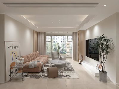Modern Warm Cream Style Living Room With Soft Plush Sofa Large Window And Indoor Greenery 3d model