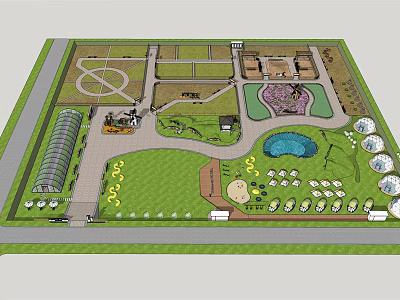Park Layout Design With Green Lawn Pond Greenhouse And Walking Paths 3d model
