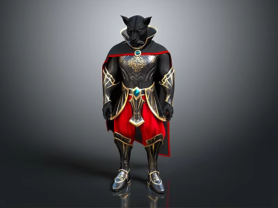 Mythical Wolf Headed Character Wearing Black Red Outfit With Golden Armor And Cloak 3d model