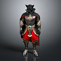 Mythical Wolf Headed Character Wearing Black Red Outfit With Golden Armor And Cloak