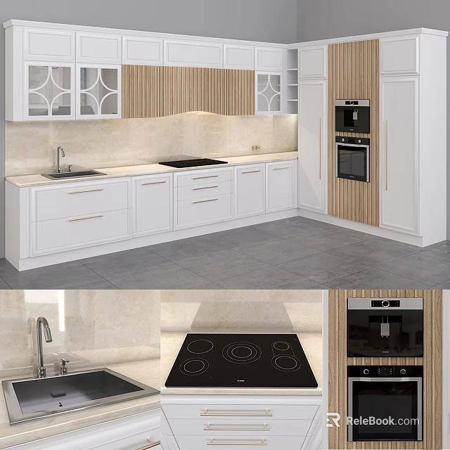 Modern White Kitchen Cabinets With Wooden Accents Countertop Sink And Oven 3d model 