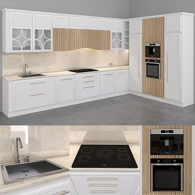 Modern White Kitchen Cabinets With Wooden Accents Countertop Sink And Oven 3d model