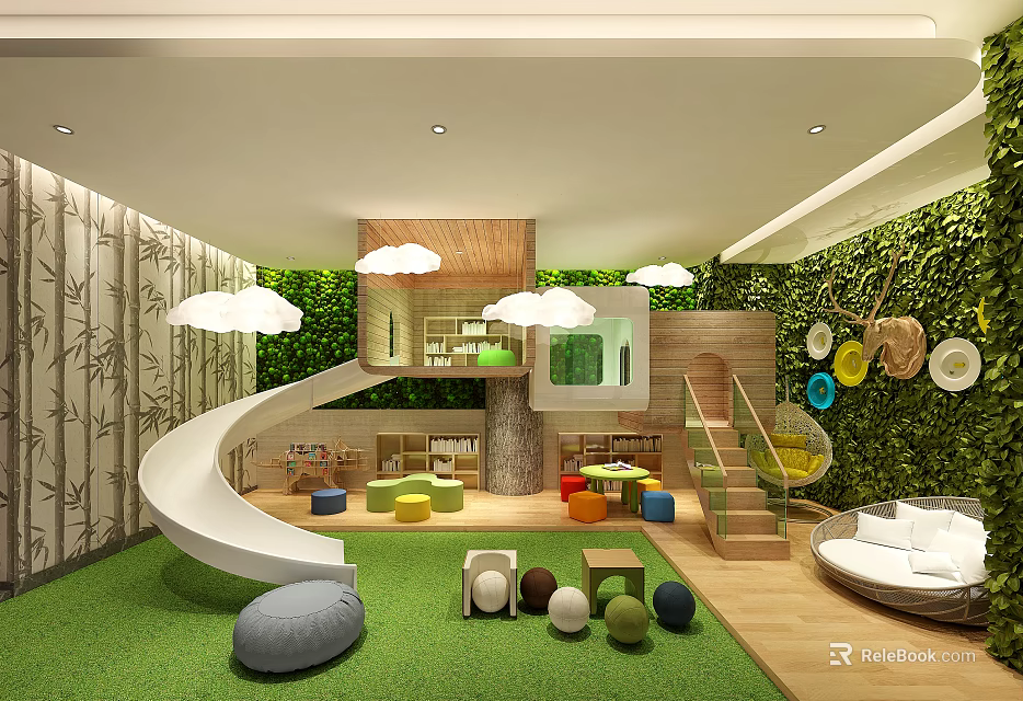 Playful Kindergarten Interior With Slide Green Plant Wall Colorful Cushions And Cloud Decorations 3d model 