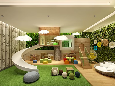 Playful Kindergarten Interior With Slide Green Plant Wall Colorful Cushions And Cloud Decorations 3d model