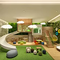 Playful Kindergarten Interior With Slide Green Plant Wall Colorful Cushions And Cloud Decorations