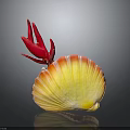 Colorful Scallop With Yellow Orange Shell And Red Top Structure On Gray Background With Reflection