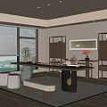 Modern Tea Room With Wooden Furniture Tea Sets City View Venetian Blinds And Storage Cabinets