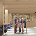 Traditional Clothing Exhibition Hall Featuring Wooden Racks And Colorful Hanging Garments