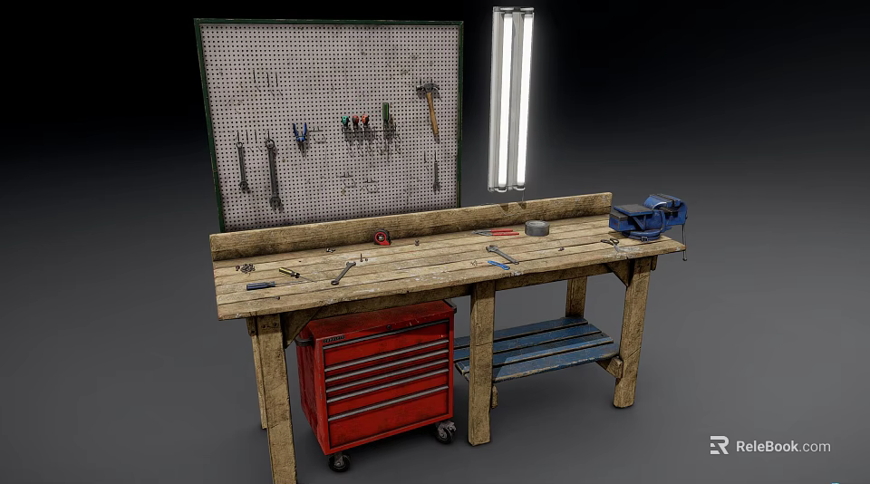 Wooden Functional Workbench With Tools Pegboard Drawer Cabinet And Overhead Light 3d model 