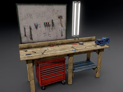 Wooden Functional Workbench With Tools Pegboard Drawer Cabinet And Overhead Light 3d model