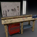 Wooden Functional Workbench With Tools Pegboard Drawer Cabinet And Overhead Light 3d model