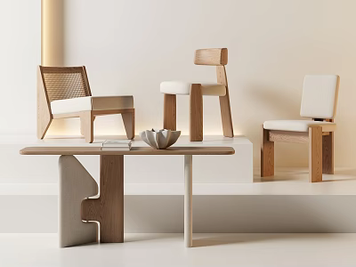 Three Stylish Wooden Leisure Chairs In Modern Minimalist Design With Matching Table And Light Background 3d model