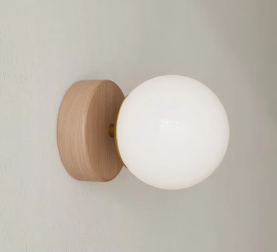 Modern Minimalist Wall Light With Wooden Base White Globe Shade And Metal Fixture 3d model