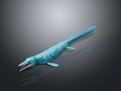 Turquoise Prehistoric Aquatic Reptile 3D Model With Long Body Open Mouth Sharp Teeth And Fins 3d model