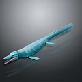 Turquoise Prehistoric Aquatic Reptile 3D Model With Long Body Open Mouth Sharp Teeth And Fins