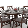 Wooden Dining Table Set With Chairs Plates Wine Glasses Wine Bottle And Apples