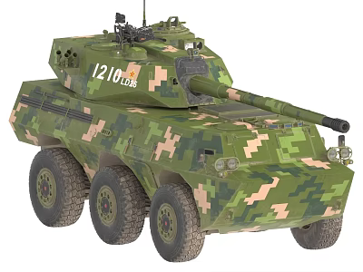 Military Camouflaged Wheeled Tank Equipped With Turret Cannon And Number 1210 3d model