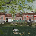 Ancient Architecture with Traditional Roofs Red Lanterns Pond And Ducks Swimming On Lotus Leaves