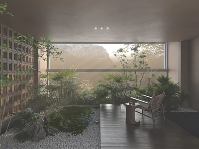 Modern Open Living Room Interior With Green Plants Wooden Flooring Large Windows And Natural View 3d model