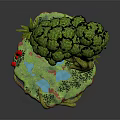 Cartoon Scene of Floating Island with Large Tree Small Pond Red Mushrooms Green Grass Vines
