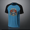 Casual T-shirt with Blue Body and Black Raglan Sleeves Featuring Vibrant Skull Graphic Design