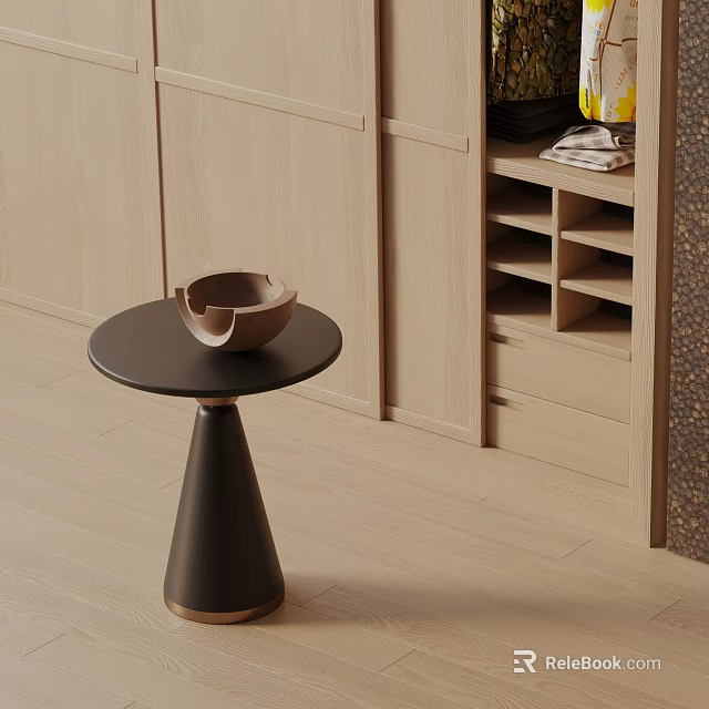 Modern Round Black Side Table with Gold Conical Base and Decorative Bowl by Wooden Cabinets 3d model 