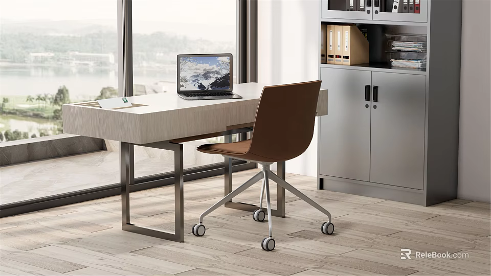Modern Home Office Desk With Laptop And Brown Chair Near Metal Filing Cabinet By Window 3d model 