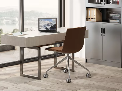 Modern Home Office Desk With Laptop And Brown Chair Near Metal Filing Cabinet By Window 3d model