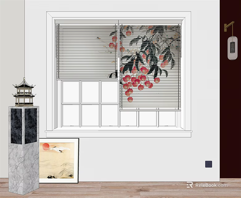 Venetian Blinds in Window with Red Flowers Decor Modern Interior Wooden Floor and Marble Column 3d model 