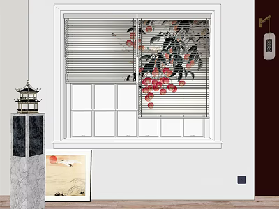 Venetian Blinds in Window with Red Flowers Decor Modern Interior Wooden Floor and Marble Column 3d model