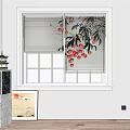 Venetian Blinds in Window with Red Flowers Decor Modern Interior Wooden Floor and Marble Column