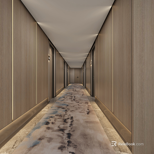 Modern Hotel Corridor With Wooden Panel Walls Recessed Lighting And Patterned Carpet 3d model 