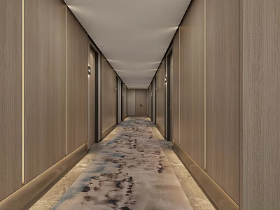 Modern Hotel Corridor With Wooden Panel Walls Recessed Lighting And Patterned Carpet 3d model