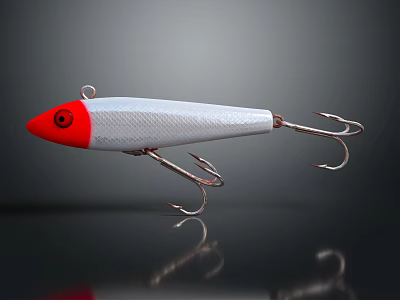 Red Head White Body Fishing Lure With Sharp Metal Fish Hooks 3d model