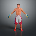 Shirtless Male Boxer Standing in Red White Shorts Red Shoes and Blue Yellow Gloves