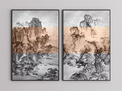 Chinese Style Landscape Paintings With Mountains Trees And Water Elements As Decorative Art 3d model