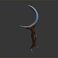 Crescent Shaped Weapon With Wooden Hilt Blue Gradient Blade And Claw Base
