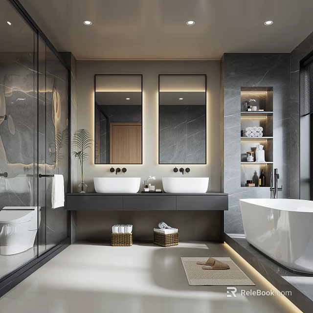 Modern Bathroom Interior Design With Double Sinks Mirrors Bathtub And Shower 3d model 