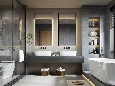 Modern Bathroom Interior Design With Double Sinks Mirrors Bathtub And Shower 3d model