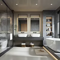 Modern Bathroom Interior Design With Double Sinks Mirrors Bathtub And Shower