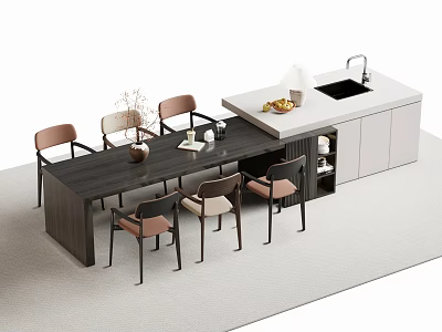 Modern Bar Counter With Dining Table And Comfortable Chairs In Open Layout 3d model