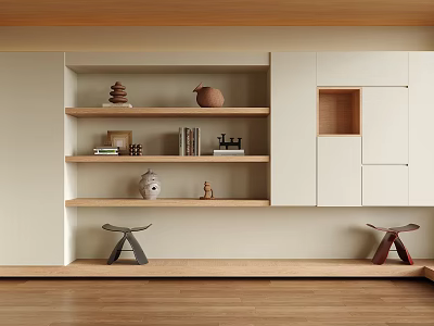 Modern Sofa Background Wall With Wooden Shelves Decorative Items Books White Cabinets And Small Stools 3d model