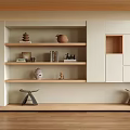 Modern Sofa Background Wall With Wooden Shelves Decorative Items Books White Cabinets And Small Stools