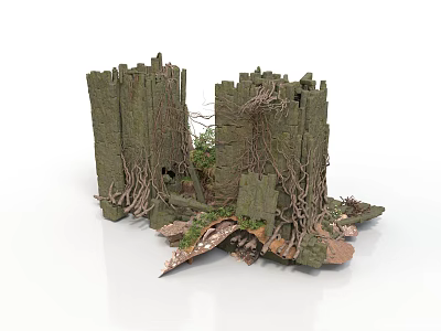 Modern Scene With Ancient Stone Walls Overgrown By Vines Moss And Broken Stones 3d model