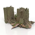 Modern Scene With Ancient Stone Walls Overgrown By Vines Moss And Broken Stones