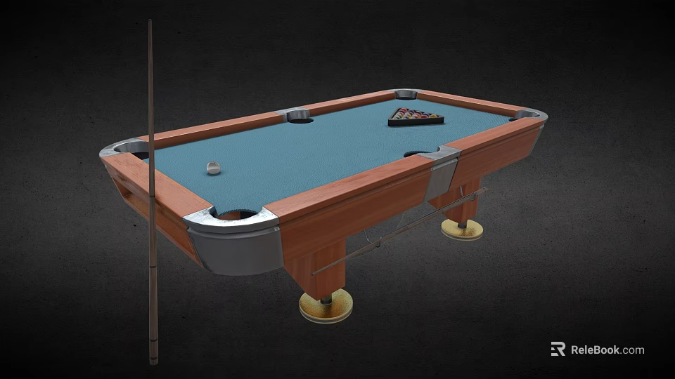 Professional Billiard Table With Wooden Frame Blue Felt Surface Cue Stick Balls And Triangle Rack 3d model 