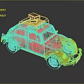 Yellow Vintage Volkswagen Beetle With Roof Rack And Brown Suitcase On Reflective Surface