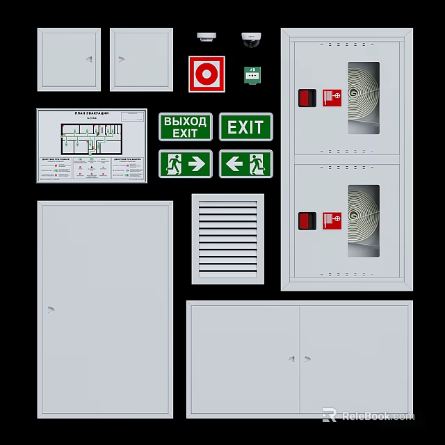 Comprehensive Fire Safety Equipment Including Exit Signs Alarm Buttons Control Panels And Ventilation Grilles 3d model 