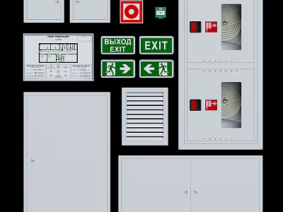 Comprehensive Fire Safety Equipment Including Exit Signs Alarm Buttons Control Panels And Ventilation Grilles 3d model