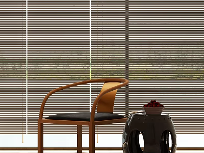 Modern Wooden Leisure Chair With Black Cushion Near Small Stool Berry Bowl Against Window Blinds 3d model